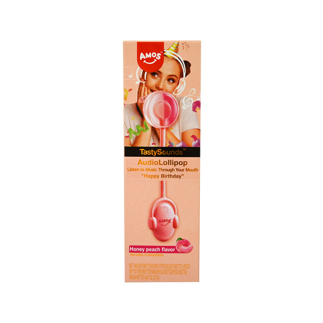 AMOS TastySounds Audio Lollipop – Honey Peach flavored "Happy Birthday" musical lollipop