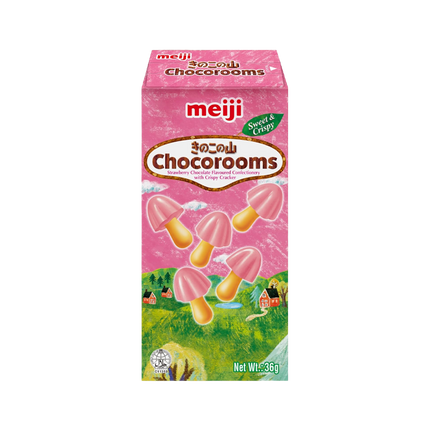 Meiji Chocorooms Strawberry 36g - Crispy Biscuits Coated with Strawberry Chocolate