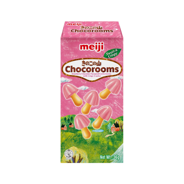 Meiji Chocorooms Erdbeer 36 g – Knusprige Kekse mit Erdbeerschokoladenüberzug