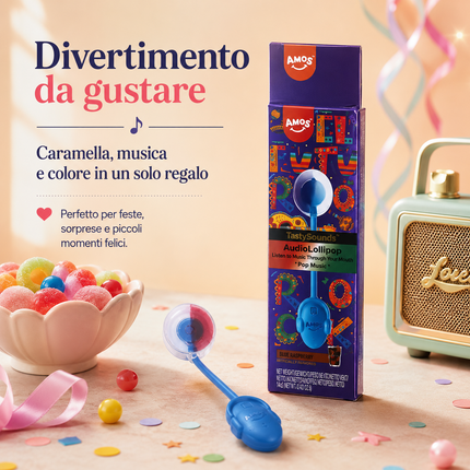Amos TastySounds Audio Lollipop Cola 10g – Lecca Lecca Interattivo al Gusto Cola