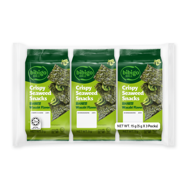Bibigo Knusprige Seetang-Snacks Wasabi-Geschmack 15g (3 x 5g)