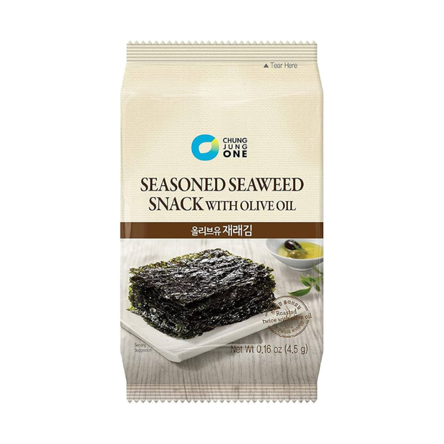 Chung Jung One Gewürzter Seetang-Snack mit Olivenöl 4,5g – Knusprige Meeresalgen mit Olivenöl