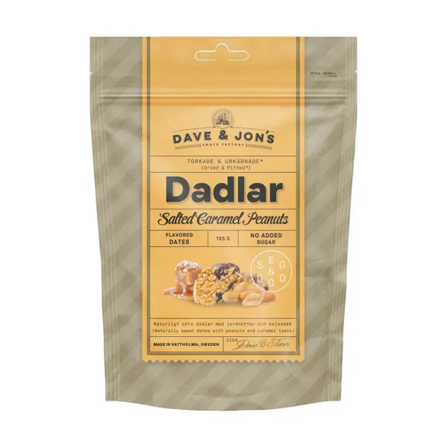 Dave & Jon’s Dadlar Salted Caramel Peanuts 125g – Datteln mit Erdnüssen und gesalzenem Karamell