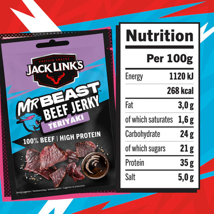 Jack Link’s x MrBeast Beef Jerky Teriyaki  40g– Snack Proteico di Manzo 100% Beef