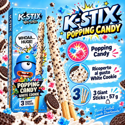 K-STIX Popping Candy White Cookie – 3 Bastoncini Giganti 19 g × 3 (57 g)