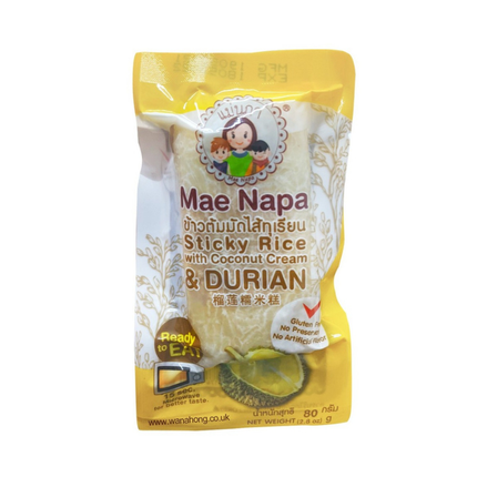 Mae Napa Klebreis mit Kokosnusscreme & Durian 80g – Thailändisches Dessert mit Klebreis, Kokosnuss und Durian