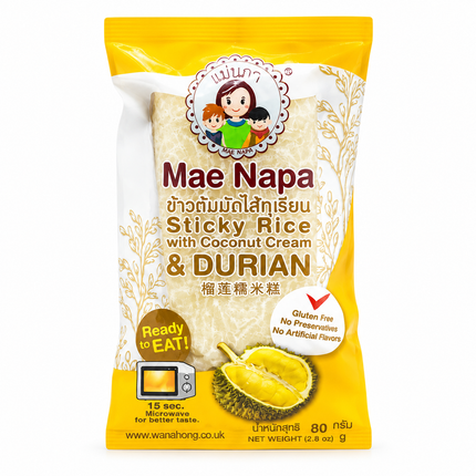 Mae Napa Klebreis mit Kokosnusscreme & Durian 80g – Thailändisches Dessert mit Klebreis, Kokosnuss und Durian