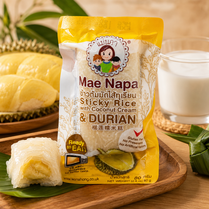 Mae Napa Klebreis mit Kokosnusscreme & Durian 80g – Thailändisches Dessert mit Klebreis, Kokosnuss und Durian