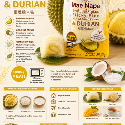 Mae Napa Klebreis mit Kokosnusscreme & Durian 80g – Thailändisches Dessert mit Klebreis, Kokosnuss und Durian