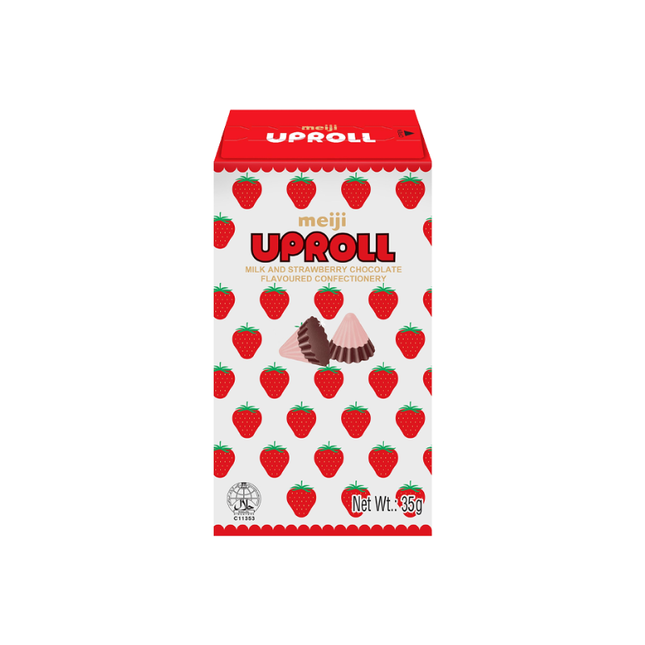 Meiji UPROLL Milk & Strawberry Chocolate 35g – Milch- und Erdbeerschokolade