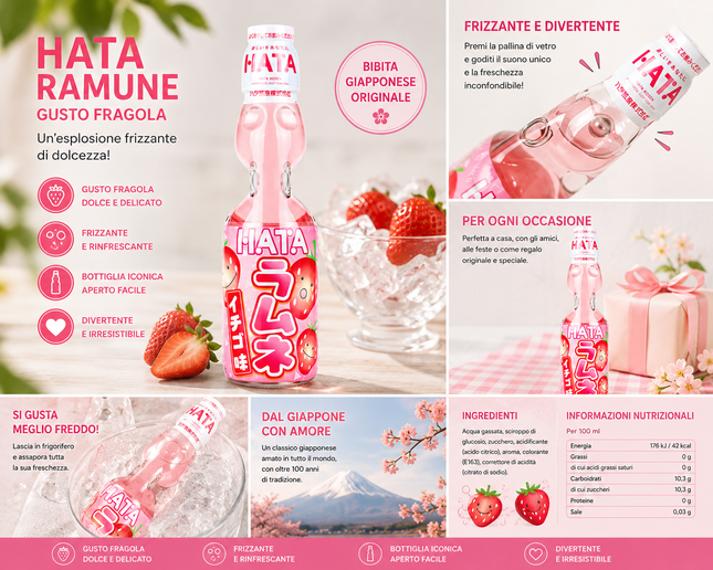 HATA Ramune Fragola 200ml – Bevanda Gassata Giapponese al Gusto Fragola