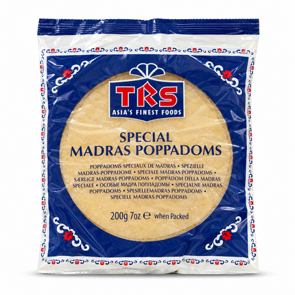 TRS Special Madras Poppadoms 200 g | Galettes indiennes croustillantes à frire