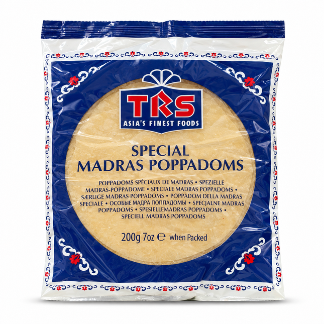 TRS Special Madras Poppadoms – 200g | Knusprige indische Blätter, fertig zum Braten
