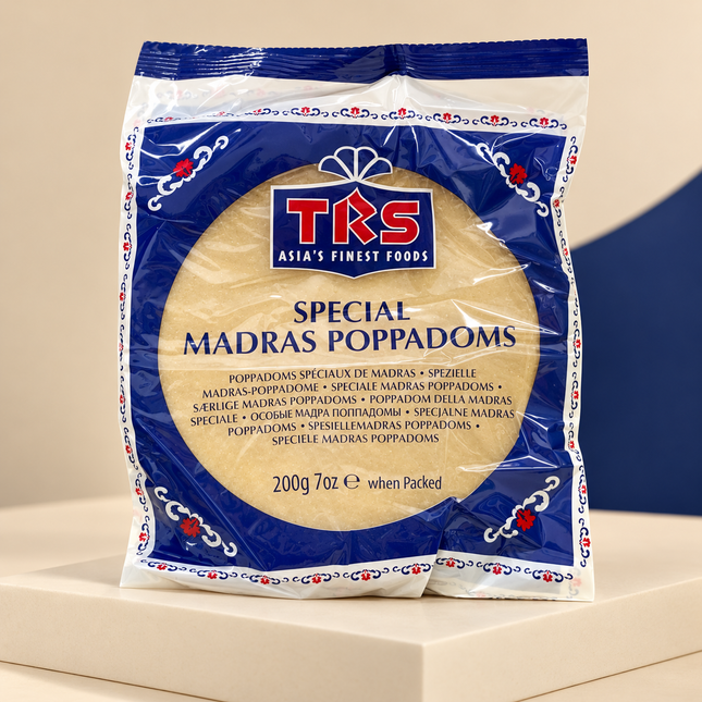 TRS Special Madras Poppadoms – 200g | Knusprige indische Blätter, fertig zum Braten