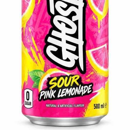 GHOST Energy Sour Pink Lemonade Zero Sugar 500 ml - 口味特写