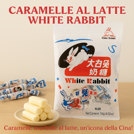 Caramelle White Rabbit scartate con involucro di riso visibile

